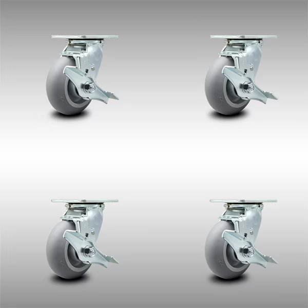 5 Inch SS Thermoplastic Rubber Swivel Caster Set with Roller Bearings and Brakes, Service Caster, Mfr#: SCC-SS30S520-TPRRD-TLB-4